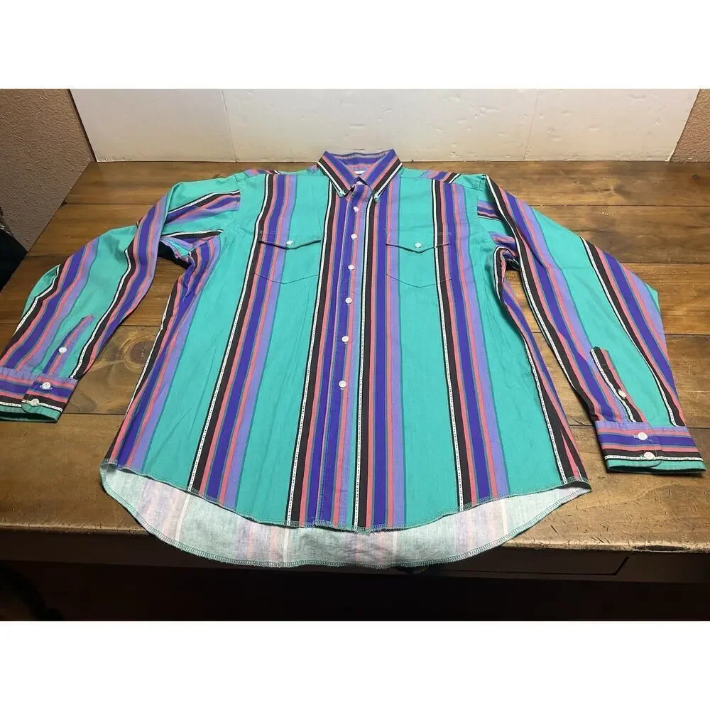 Vintage Wrangler Brushpopper Western Striped Button Up X-Long Tails 17x36 USA